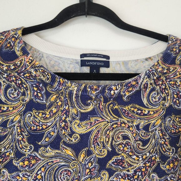 Lands End 100% Supima Cotton Navy Blue Paisley Crewneck Sweater S (6-8) - Picture 3 of 7